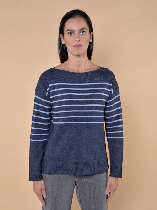 Maglia in Misto Lana a Righe Blu Denim
