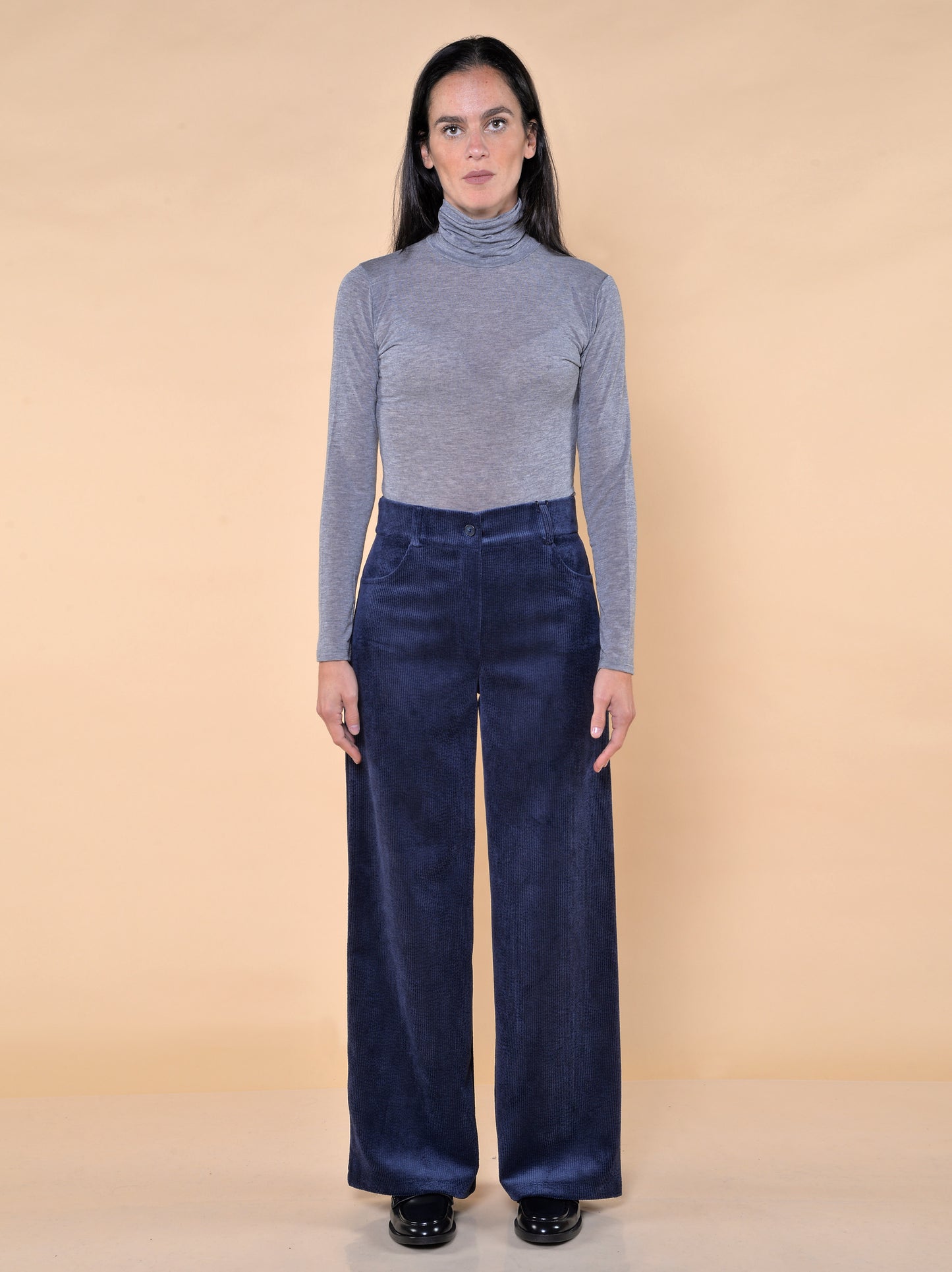 Pantaloni Gamba Larga in Velluto a Coste Blu