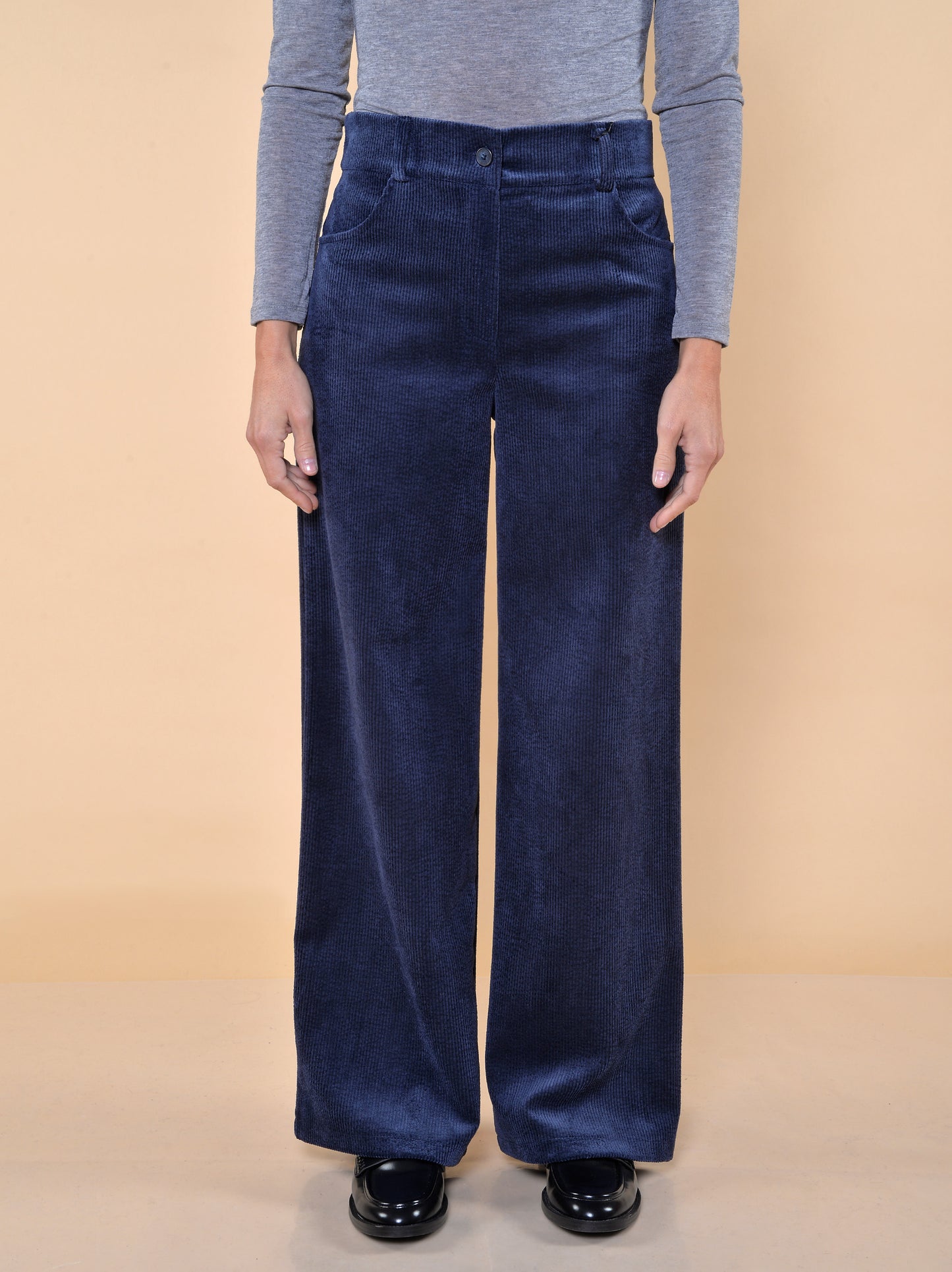 Pantaloni Gamba Larga in Velluto a Coste Blu