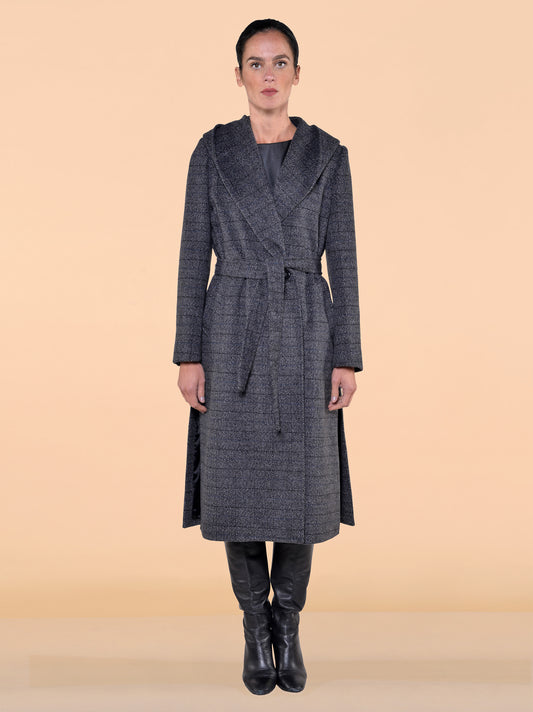 Cappotto Lungo Con Cappuccio Fantasia Quadro Grigio