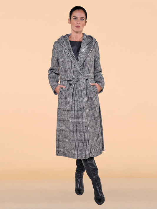 Cappotto Lungo Con Cappuccio Fantasia Grigio