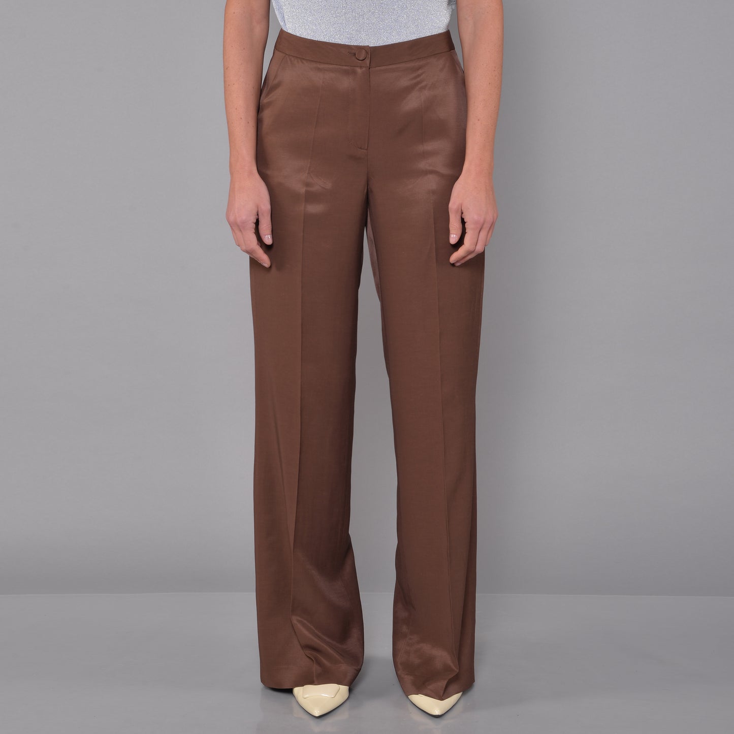 Pantaloni Gamba Larga in Raso Lino Viscosa Cioccolato