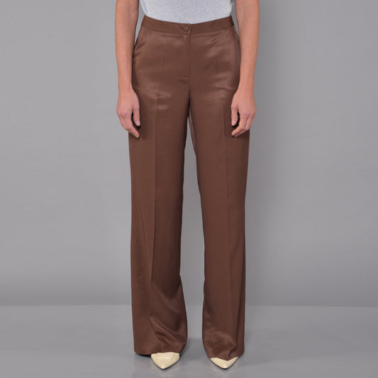 Pantaloni Gamba Larga in Raso Lino Viscosa Cioccolato