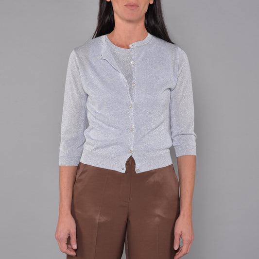 Cardigan Girocollo in Viscosa Lurex Celeste