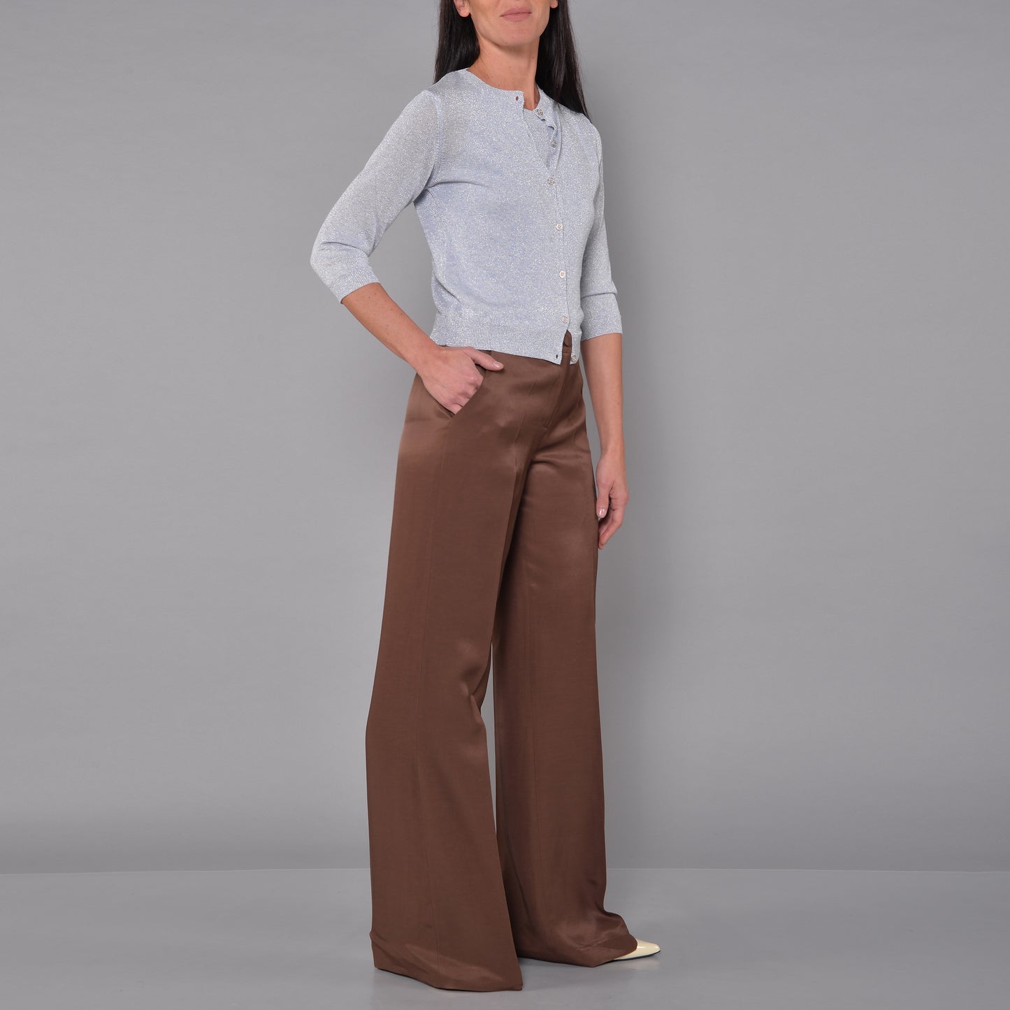 Pantaloni Gamba Larga in Raso Lino Viscosa Cioccolato