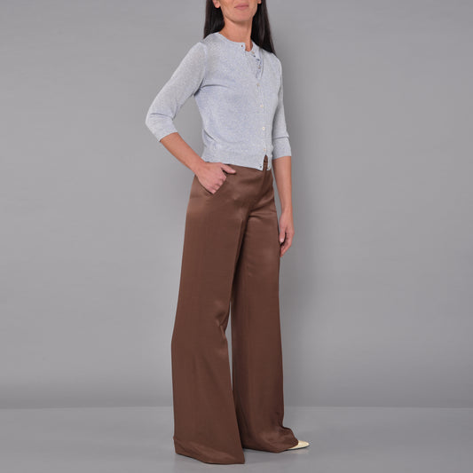 Pantaloni Gamba Larga in Raso Lino Viscosa Cioccolato