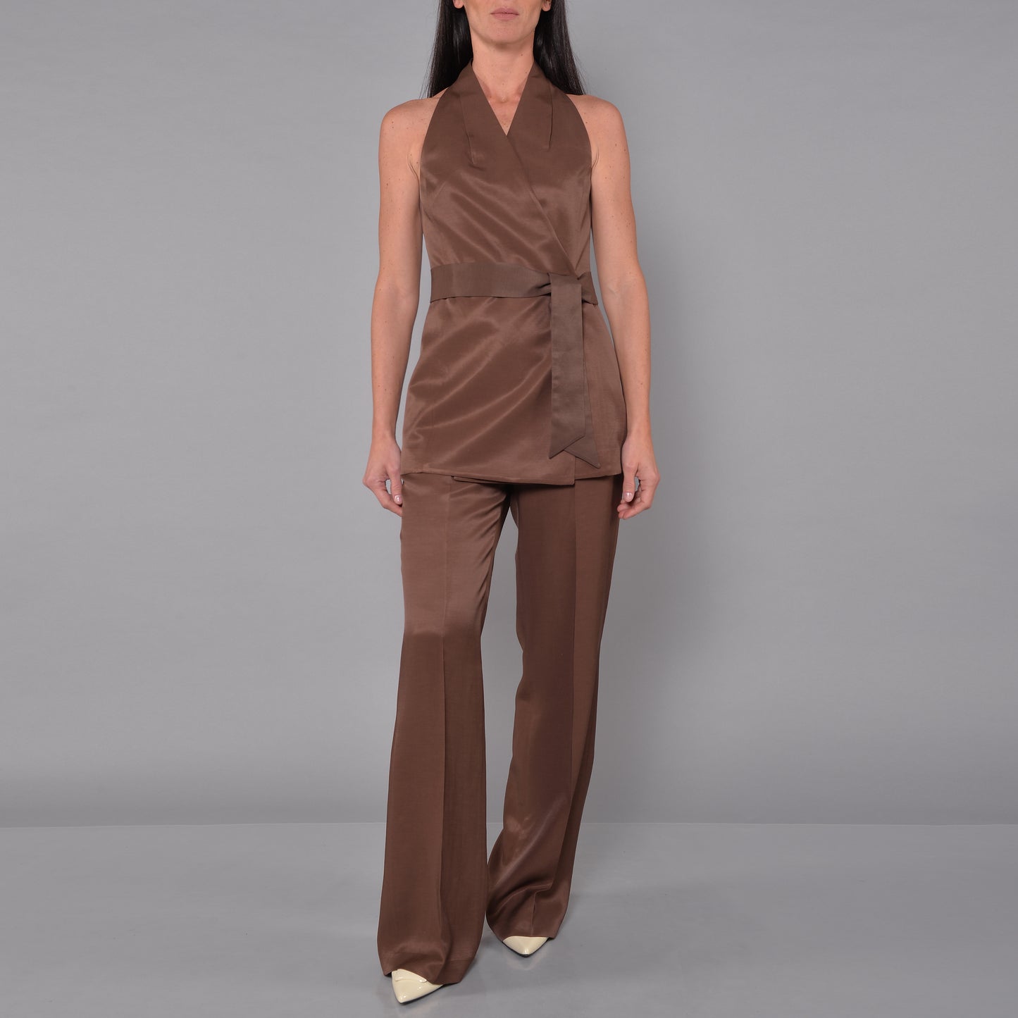 Pantaloni Gamba Larga in Raso Lino Viscosa Cioccolato