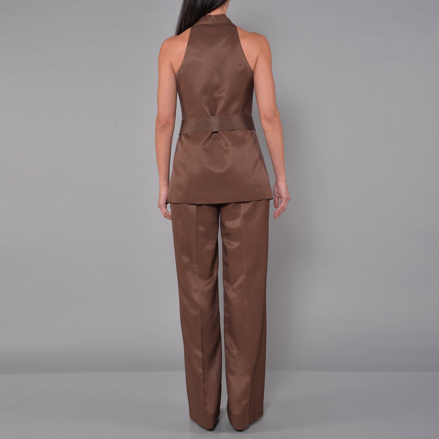 Pantaloni Gamba Larga in Raso Lino Viscosa Cioccolato