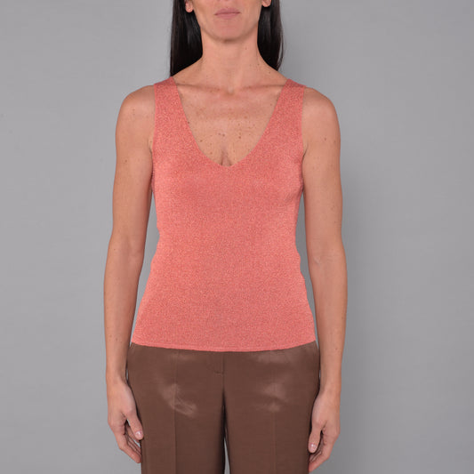 Canotta Scollo V in Viscosa Lurex Corallo