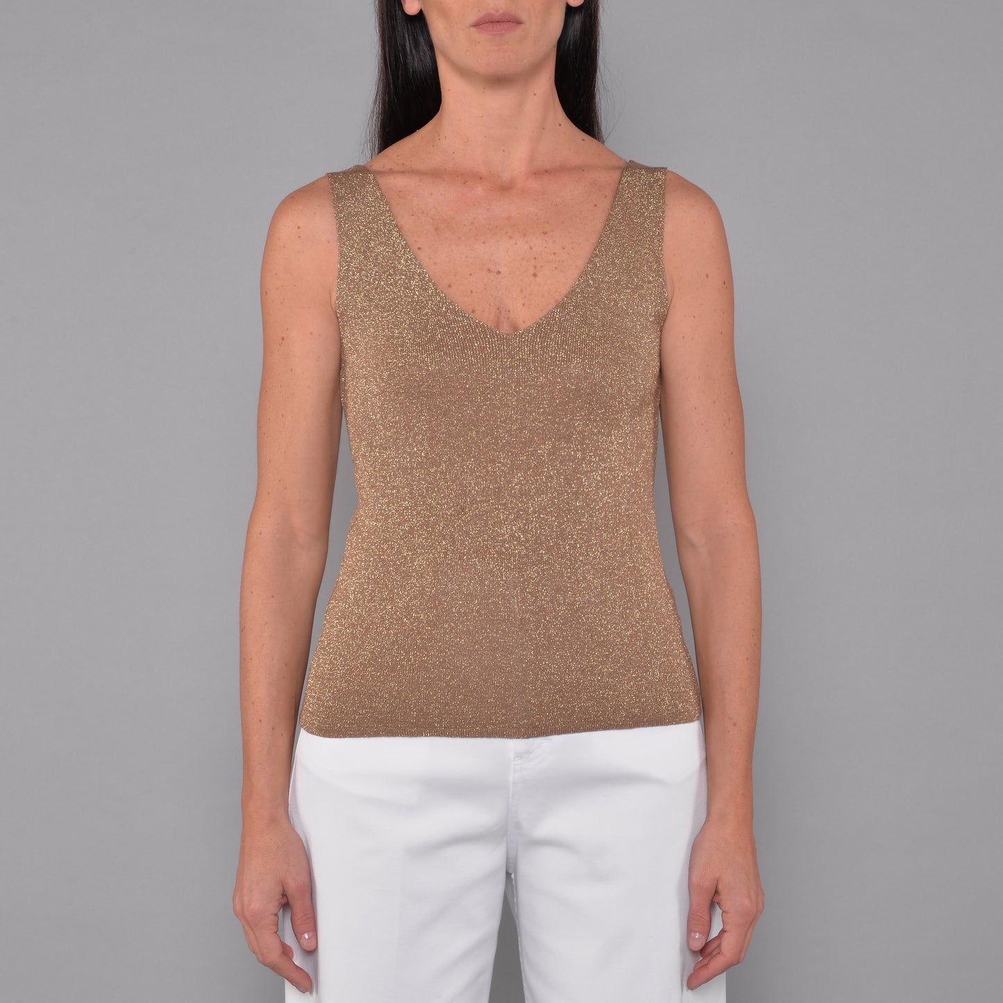 Canotta Scollo V in Viscosa Lurex Bronzo