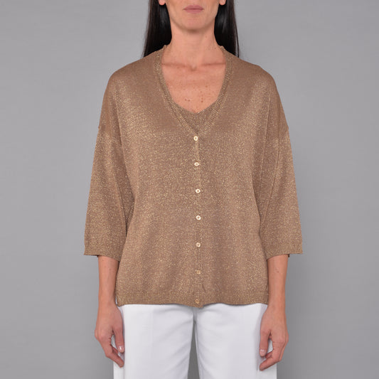 Cardigan Scollo a V in Viscosa Lurex Bronzo