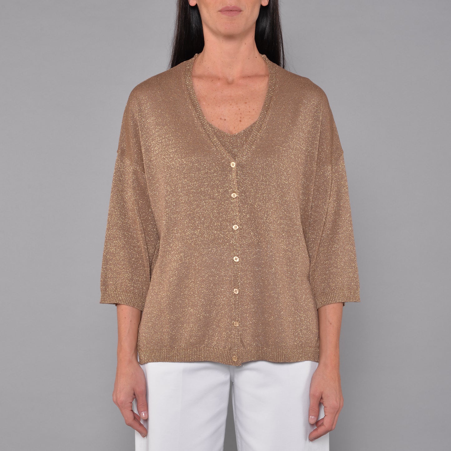 Canotta Scollo V in Viscosa Lurex Bronzo