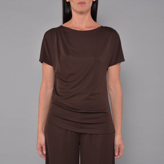 Maglia Asimmetrica in Jersey Crepe con Arricci Cioccolato