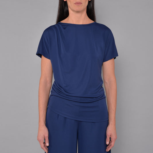 Maglia Asimmetrica in Jersey Crepe con Arricci Blu