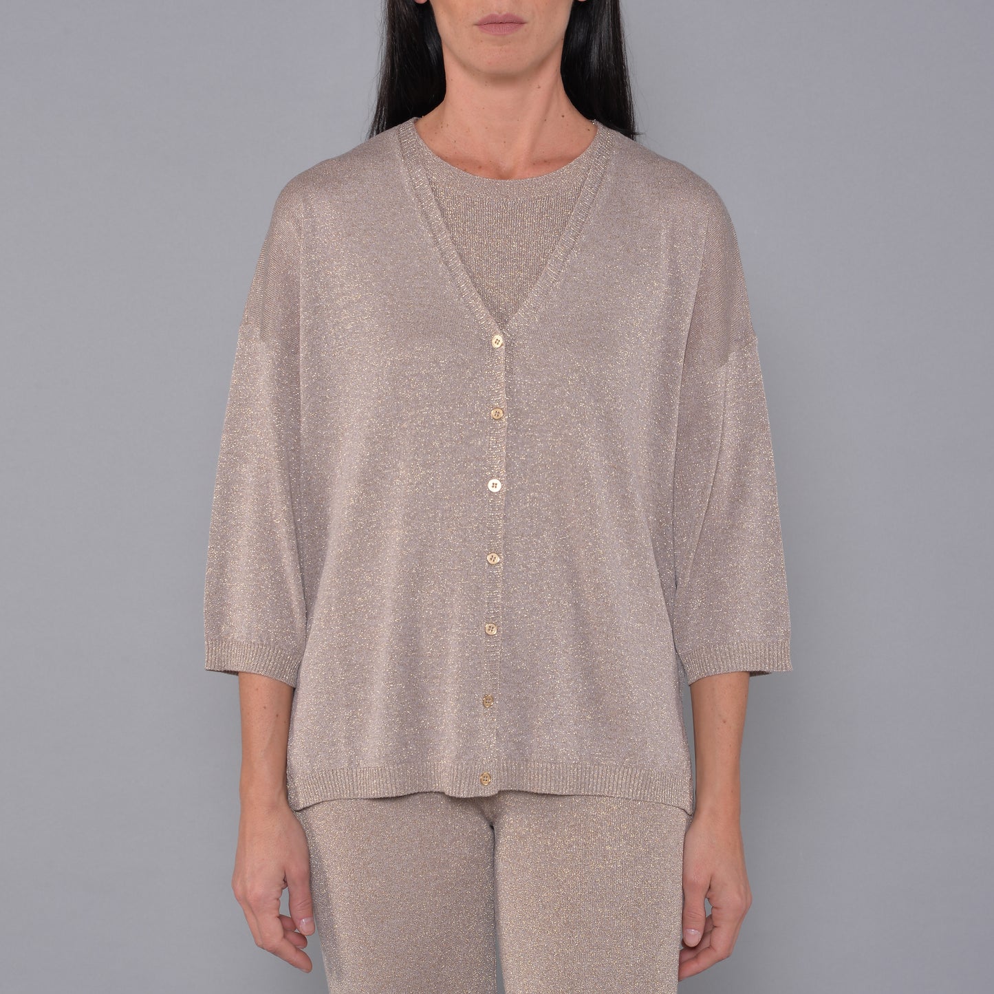 Cardigan mit V-Ausschnitt aus goldfarbener Viskose mit Lurex