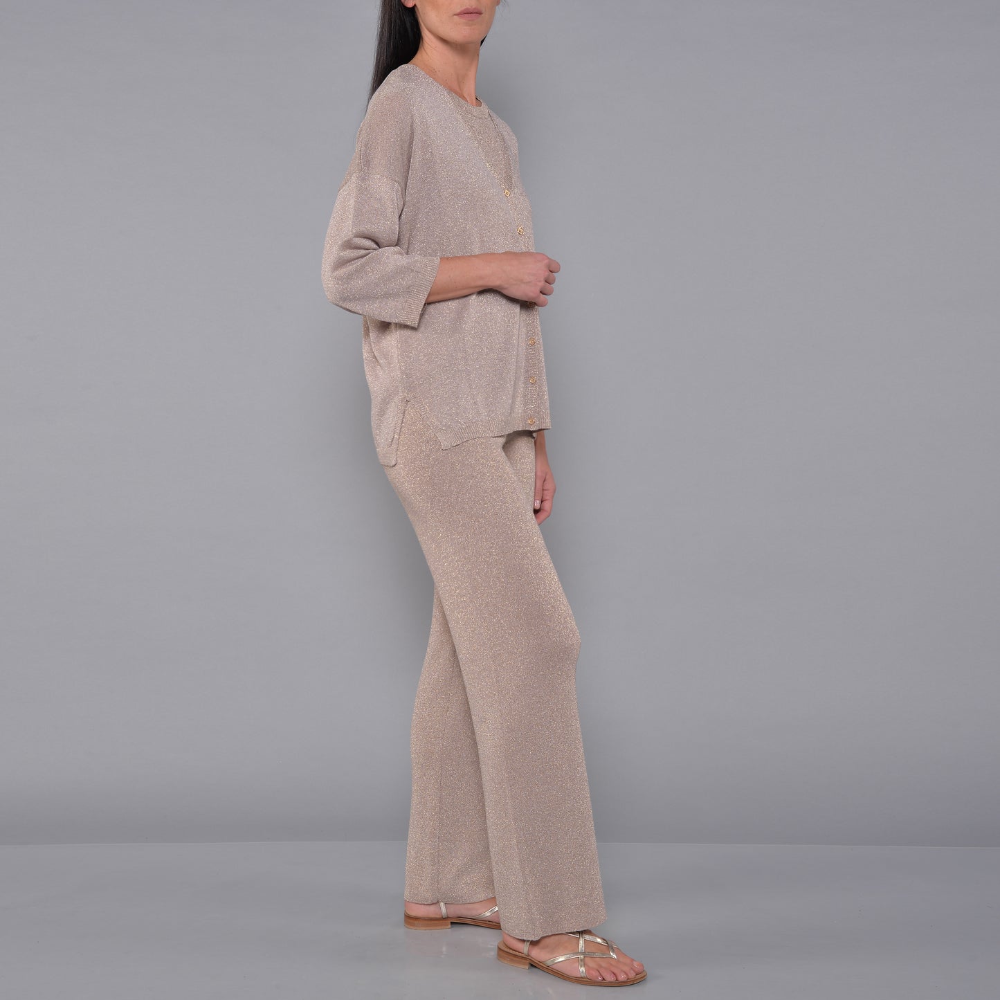Cardigan mit V-Ausschnitt aus goldfarbener Viskose mit Lurex