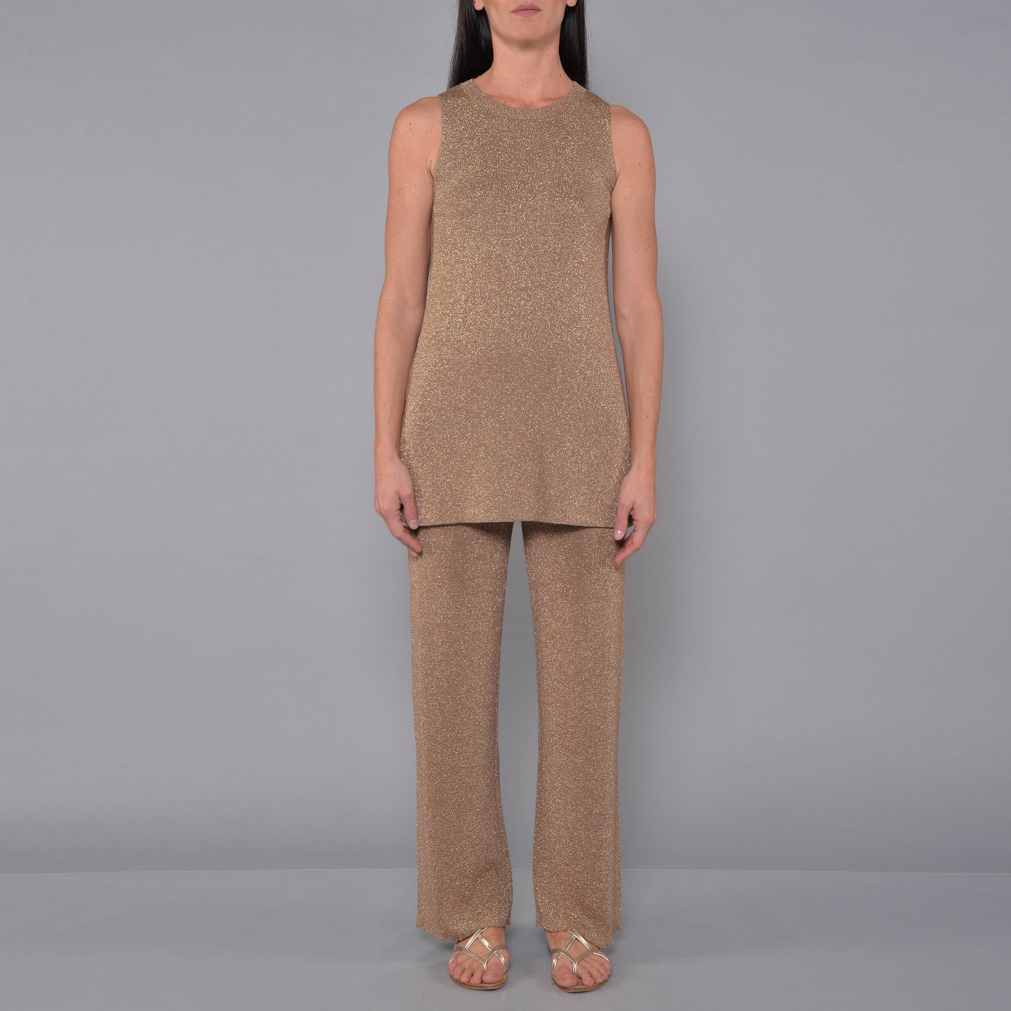 Canotta Lunga Con Spacchi in Viscosa Lurex Bronzo