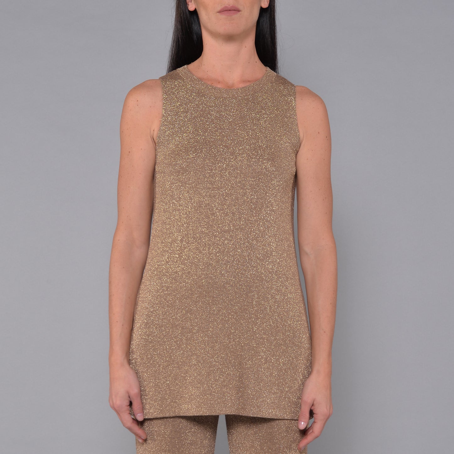 Canotta Lunga Con Spacchi in Viscosa Lurex Bronzo