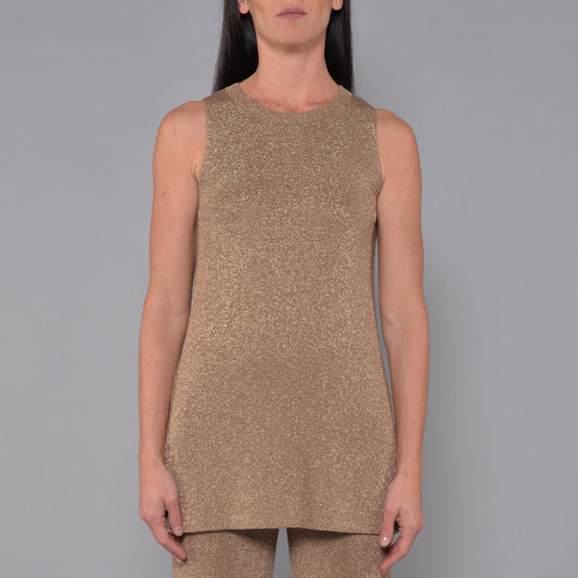 Canotta Lunga Con Spacchi in Viscosa Lurex Bronzo
