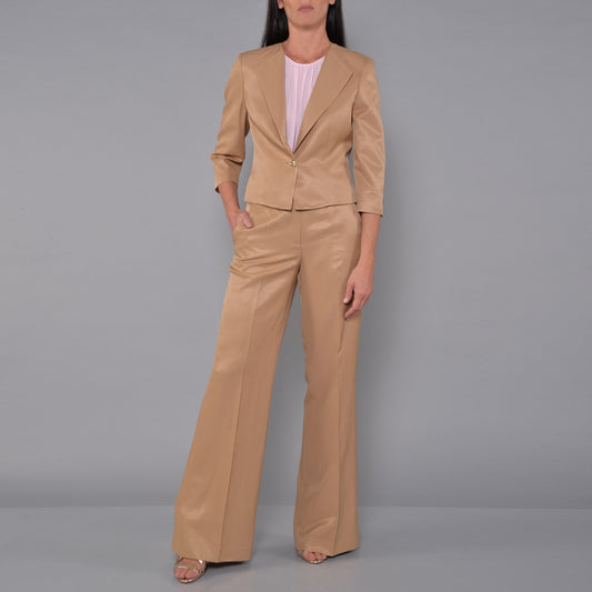 Pantaloni Gamba Larga in Raso Lino Viscosa Caramello