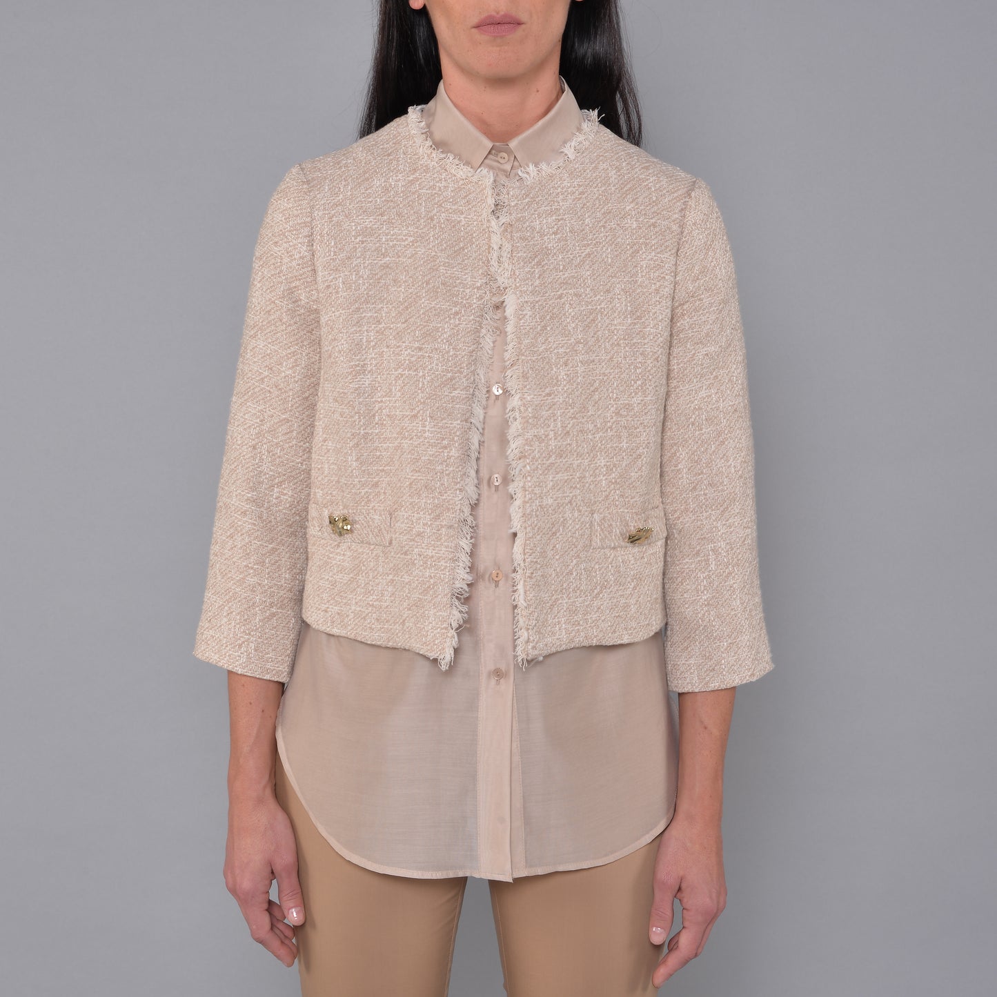 Giacca Girocollo in Tweed Sabbia con Bottoni Gioiello