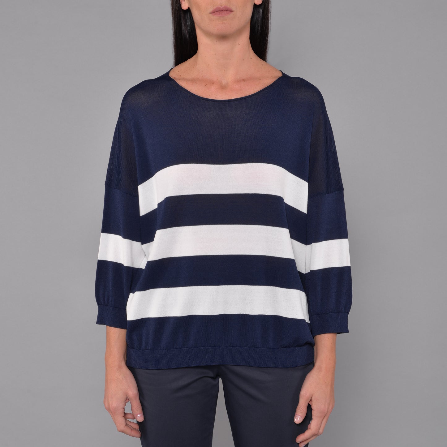 Maglia in Viscosa Blu a Righe Bianche