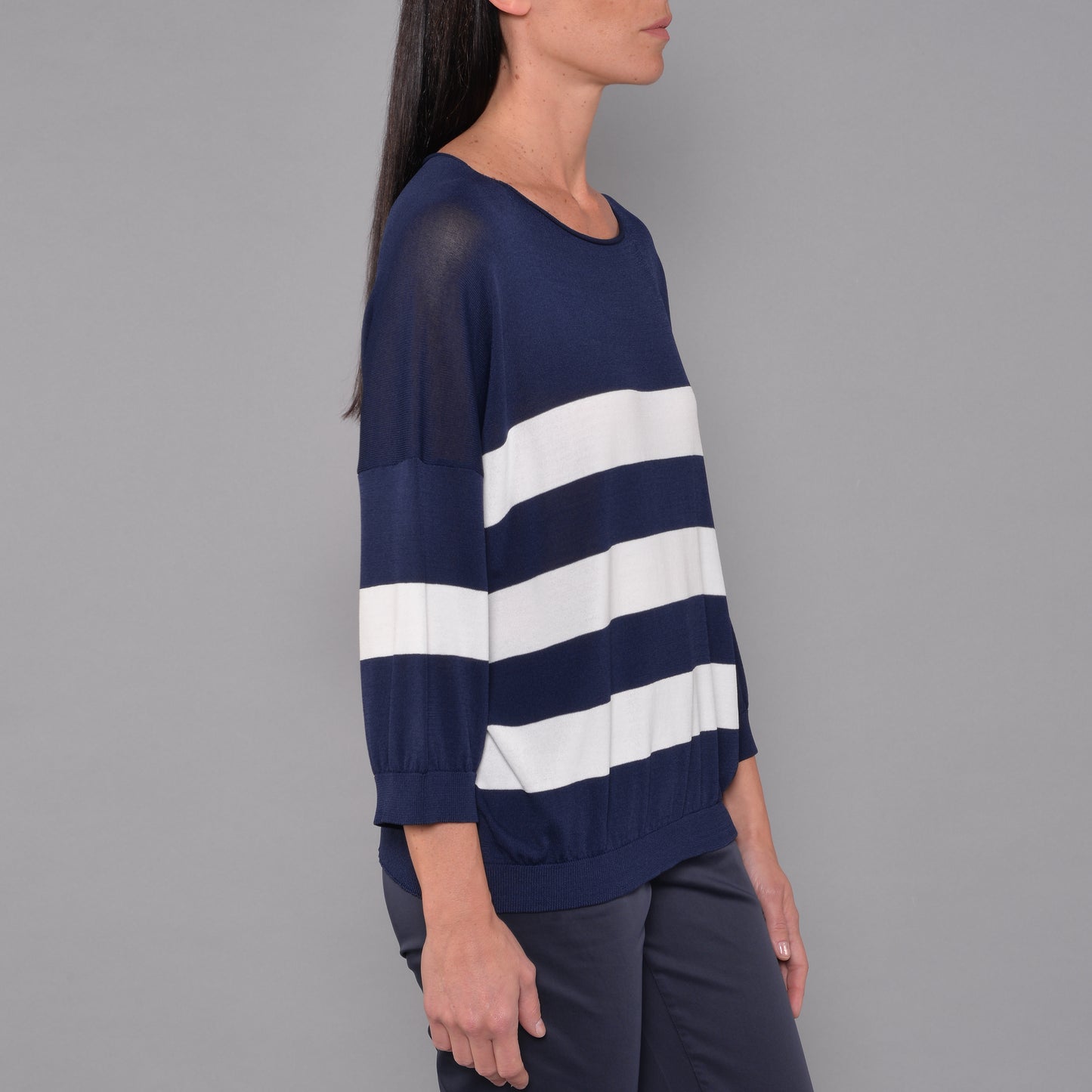 Maglia in Viscosa Blu a Righe Bianche