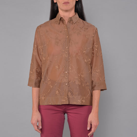 Camicia Ricamo Floreale Caramello