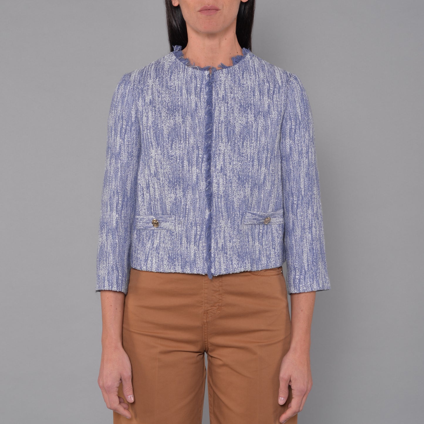Giacca Girocollo in Tweed Blu Denim con Bottoni Gioiello