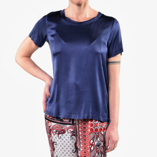 T-shirt in Raso di Viscosa Elasticizzato Blu 1/2 Manica