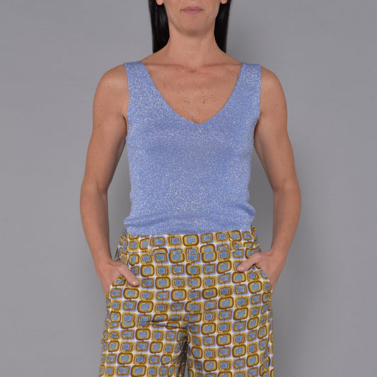 Viskose-Lurex-Tanktop mit V-Ausschnitt Zuckerblau