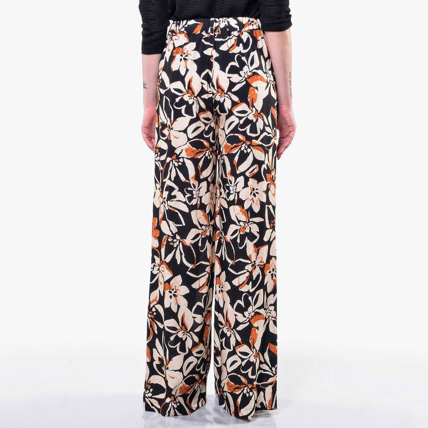 Pantaloni Gamba Larga Fantasia Fiore Nero