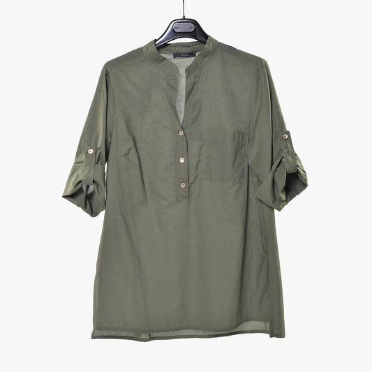 Camicia Coreana Verde Militare in Mussola di Cotone con Taschino