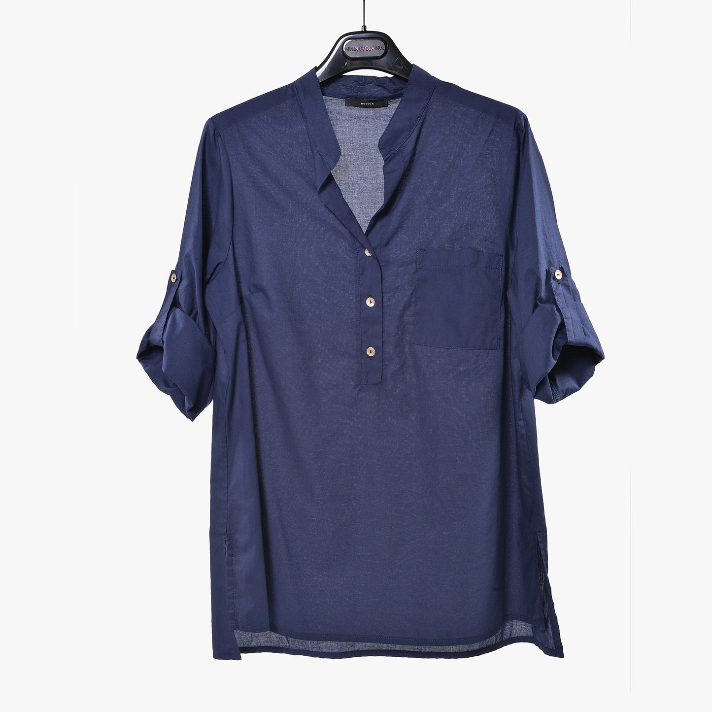 Camicia Coreana Blu in Mussola di Cotone con Taschino