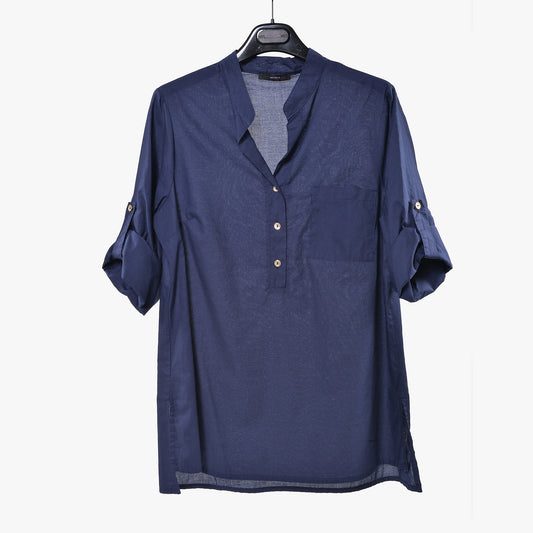 Camicia Coreana Blu in Mussola di Cotone con Taschino