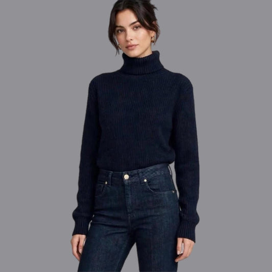 Collo Alto a Coste in Misto Lana Cachemire Blu