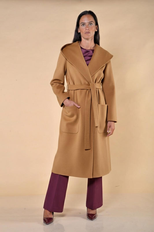 Cappotto Lungo Con Cappuccio e Tasche a Toppa Cammello
