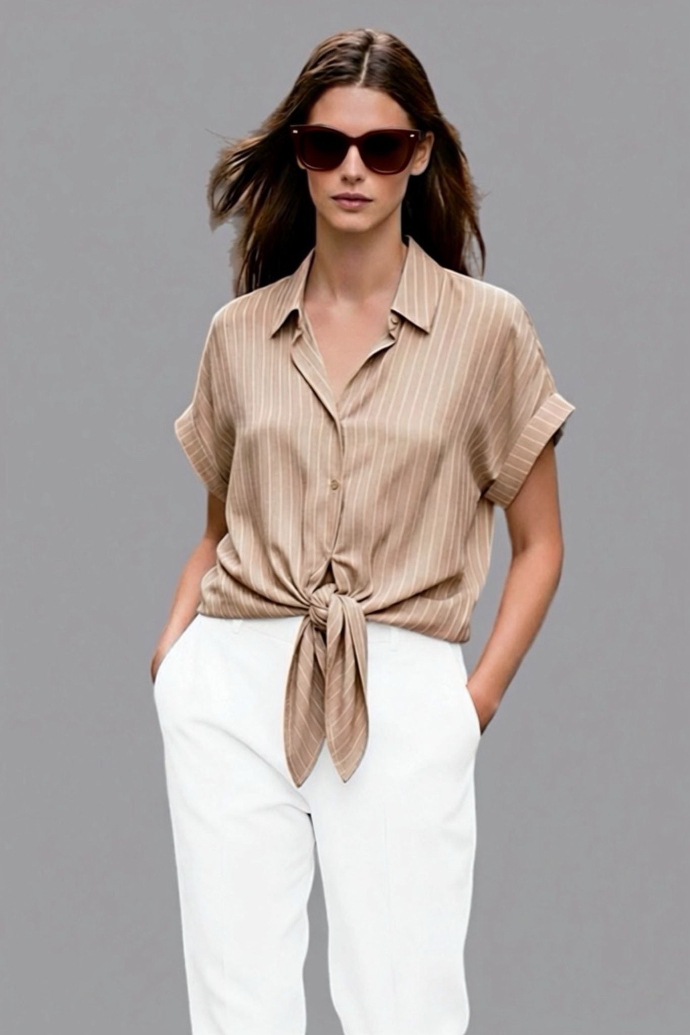 Camicia Sabbia a Righe con Nodo