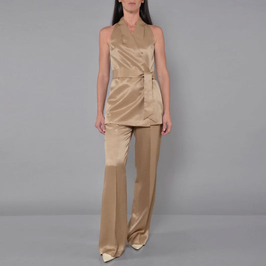 Gilet in Raso Lino Viscosa Caramello