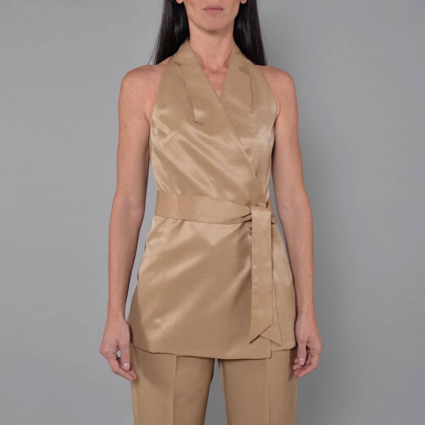 Gilet in Raso Lino Viscosa Caramello