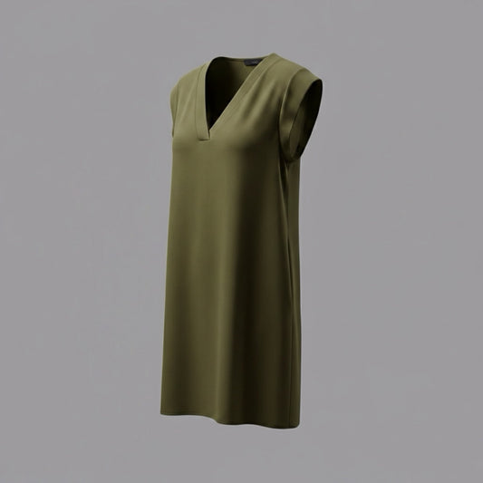 Leinen-Viskose-Kleid mit V-Ausschnitt, Militärgrün