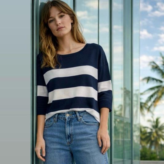 Maglia in Viscosa Blu a Righe Bianche