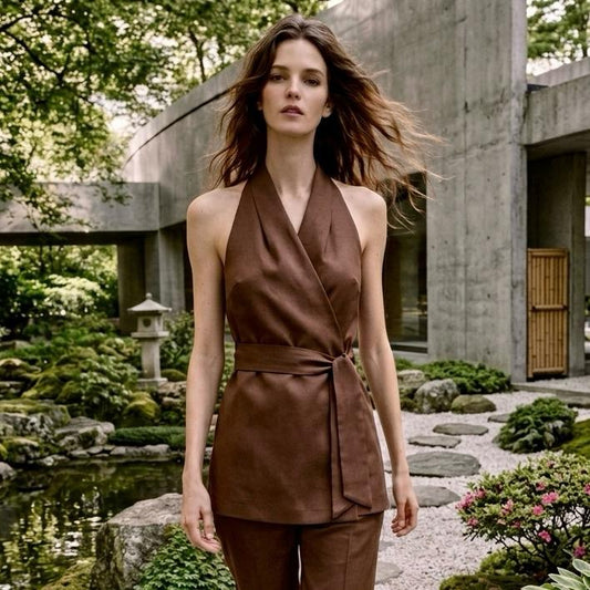 Gilet in Raso Lino Viscosa Cioccolato