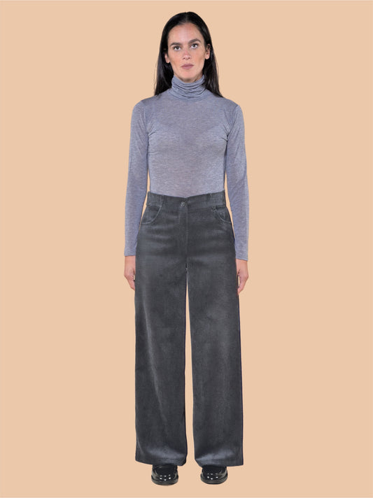 Pantaloni Gamba Larga in Velluto a Coste Grigio